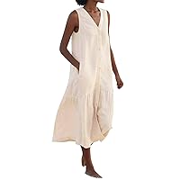Women Button Down Tank Dress Cotton Linen Pleated Hem Swing Dresses Summer Casual Sleeveless V Neck Midi Dresses