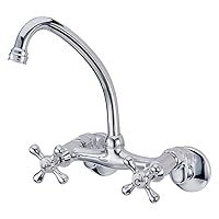 Kingston Brass KS214M High Arch Spout for Wall Mount Kitchen Faucet with Metal Cross Handle, Polished Chrome,6-5/8 inch spout reach