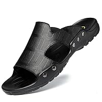 Slide Sandals for Men Simple Open Toe Leather Rivets Closure Beach Sandal Waterproof Summer Slide Sandal (Color : Balck Plaid, Size : 9)