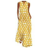Vacation Outfits for Women Beach,Women's V Neck Dresses Floral Printed Maxi Dresses Sleeveless Cotton Linen Dresses