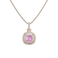 1.10 ctw Cushion Shape Created Pink Sapphire & Cubic Zirconia 925 Sterling Sliver Halo Pendant Necklace Gifts for Women's/Girls 14K Gold Plated