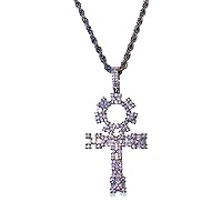 Men Women 925 Italy Finish Iced Ankh Cross Charm Ice Out Pendant Stainless Steel Real 2 mm Rope Chain Necklace, Mens Jewelry, Iced Pendant, Rope Necklace
