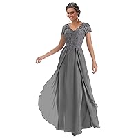 Short Sleeves Lace Appliques Mother of The Bride Dresses for Wedding Chiffon A-Line Long Formal Dress