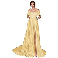 Women's Off Shoulder Satin Prom Dresses A-line Formal Evening Ball Gowns with Split Yellow