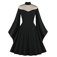 Wellwits Women's Mesh Bell Sleeves Halloween Gothic Vintage Dress