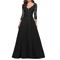 Women's V Neck Satin Prom Dress A Line Beaded Ball Gown with Sleeves