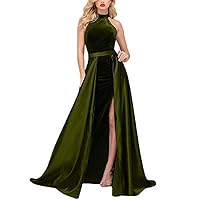Women's Halter Split Long Prom Dresses Velvet Mermaid Evening Dresses with Detachable Train Army Green