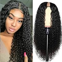 Peruvian Human Hair U Part Wig Deep Curly 180% Density U Part Human Hair Wig For Black Women Small Curly Glueless 1x4 Middle Part U Shaped Wigs (26inch 180%Density, #1B(Natural Black))