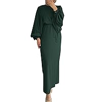 Muslim Dresses for Women Dubai Abaya Lace Up Muslim Kaftan Abaya Dress Long Sleeve Self Tie Maxi Dress Middle East Arabian Robe Gown Womens Kaftans Long Green 2X