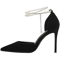 Women's Pearls Ankle Strap High Heel Pumps Shoes Sexy Pointed Toe Evening Dress Heels