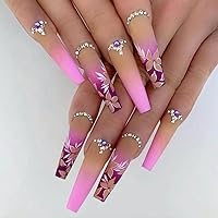 Artificail Extra Long Press on Nails, Rhinestone Pink Fake Nails with Glitter Acrylic Full Cover Fake Nails with Design Nail Tips for Women&Girls, 24PCS