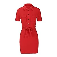 Summer Petite Dress for Women Short Sleeve Lapel V Neck Button Down Belted Waist Bodycon Mini Shirt Dress with Pockets