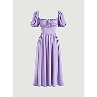 Women's Dress Puff Sleeve Ruched Bust Dress Women's Dress (Color : Lilac Purple, Size : X-Small)