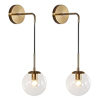 KCO Modern Glass Globe Wall Sconce Set of Two Minimalist Gold Wall Light Fixture with Adjustable Cord Brass Round Glass Wall Mounted Reading Lamp (Clear-2PC)