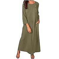 Women's Summer Cotton Linen Long Dresses 3/4 Sleeve Casual Dress Fashion Summer Pocket Sundress Button Maxi Dresses