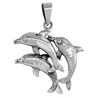 1 3/8 inch Sterling Silver 3 Dolphins Necklace Diamond-Cut Oxidized finish available with or without chain