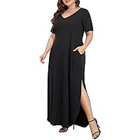 Pinup Fashion Women's Plus Size Maxi Dresses V Neck Casual Short Sleeve Loose T-Shirt Slits Long Dress with Pockets