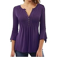 Women's V Neck Pleated Loose Blouses 3/4 Bell Sleeve Button Up Solid Color Work T Shirt Tunic Tops