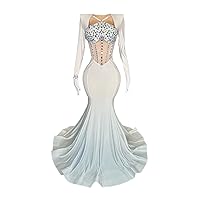 White Satin Crystals Mermaid Prom Evening Wedding Party Dress Celebrity Pageant Wedding Guest Gown Bridal Gown