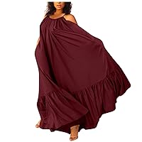 Women's Plus Size Dresses, Summer Sleeveless V Neck Boho Solid Strap Ruffle Swing Maxi Dresses with Pocket Beach Clothes Resort Dresses for Women 2024 Casual Dress Outfits (4XL, Wine)