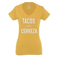 Funny Tacos and Cervezas Cinco de Mayo Mexican Food Beer Gift Modelo for Women V Neck Fitted T Shirt