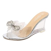 Women's High Heel Crystal Slingback Pumps Crystal Wedge Peep Toe Sandal with Bow Slip on Slippers Dress Shoes for Party Dating Wedding Bride
