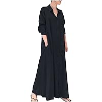 Casual Long Sleeve Shirt Dress for Women Spring V Neck Button Down Loose Cotton Linen Blouse Maxi Dresses with Pocket
