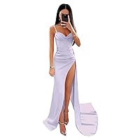 Women's Spaghetti Straps Satin Mermaid Prom Dress Long with Slit Pleated Bodycon Evening Formal Gowns