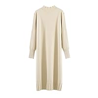 Long Knitted Women's Long Sweater Dress Warm Turtleneck Loose Belted Dress High Street Loose Mid-Length Pullover Dress