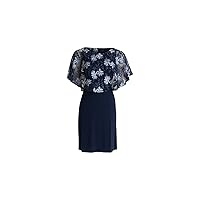 Connected Apparel Womens Navy Stretch Embroidered Popover Jersey-Knit Floral Round Neck Above The Knee Evening Sheath Dress 22W