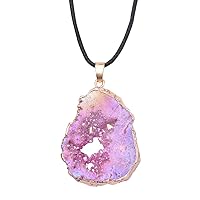 Natural Agate Slice Druzy Necklace - Irregular Slice Natural Quartz Geode Pendant Necklace with Gold Plated Edge, Bohemian Natural Stone Jewelry for Women