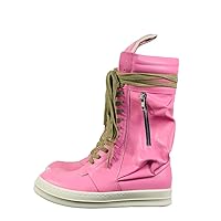 owen seak Men Women High-TOP Motorcycle Boots Mid-Calf Leather Sneakers Casual Lace Up Zip Flats Fashion Black Pink Shoes