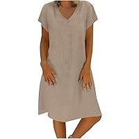 Womens Cotton Linen Loose Casual Dress V Neck Short Sleeve Tshirt Dresses Summer Comfy Beach Dress Plain Tunic Dresses