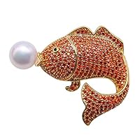 JYX Pearl Pin Elegant Goldfish-shape Zircon-inlaid White Freshwater Pearl Brooch for Womens Gift Party