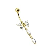 14K Solid Yellow Gold Jeweled Butterfly with 2 Marquise Stone Dangling Belly Ring