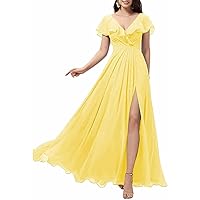 Women's Ruffle Sleeves Bridesmaid Dresses with Slit V-Neck Evening Party Gown Long Chiffon Formal Dress