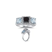 1.83 Ct Black & White Diamond, 1.30 Ct AA Aquamarine Ring- 14K White Gold