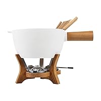 BOSKA Party Fondue Set, 6.5 Liter Stoneware Pot w. Oak Wood Base, 3 Burners, 12 Fondue Forks, Mr Big, Life Collection