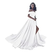 Off Shoulder Satin Prom Dresses Ball Gown Plus Size Formal Dresses for Women Wedding Dress with Slit