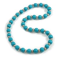 Avalaya Turquoise Painted Wood and Silver Tone Acrylic Bead Long Necklace - 70cm L