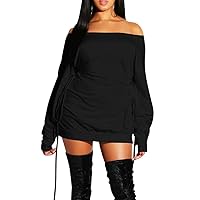 GOKATOSAU Women's Sexy Casual Off Shoulder Long Sleeve Lace Up Loose Club Mini Dress