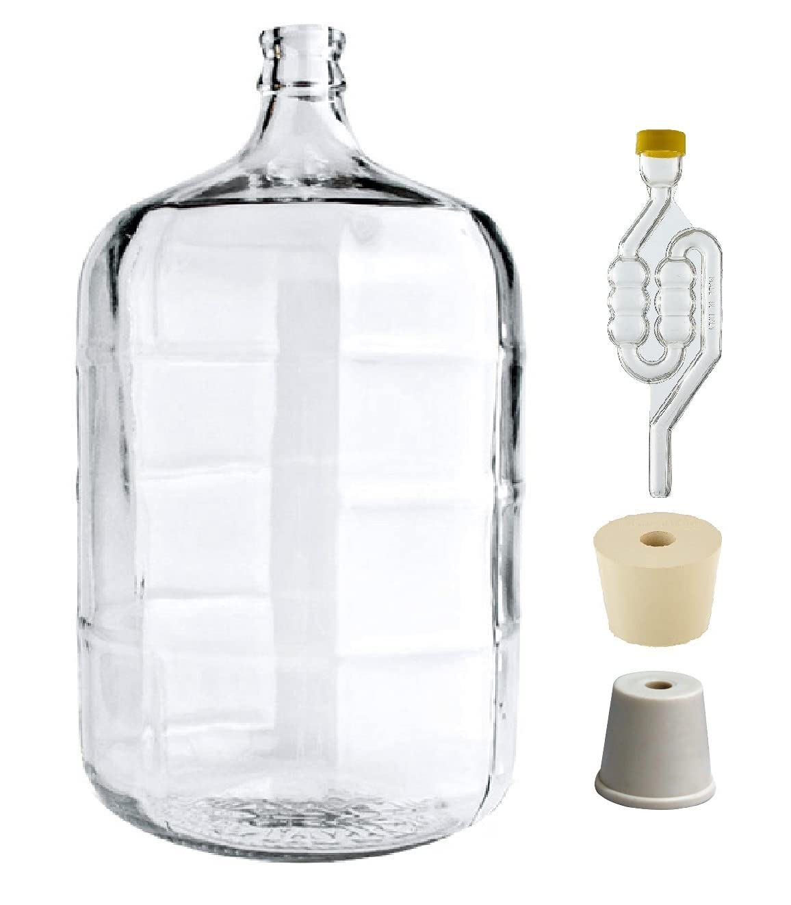 North Mountain Supply 5 Gallon Premium Italian Glass Carboy Fermenting Jug - with Drilled & Undrilled Rubber Stoppers and 6-Bubble Airlock