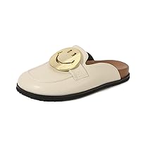 Women's Flat Bottom All-Match Smiley face Buckle Baotou Half Drag one Foot Muller Sandals Open Toe Open Back Comfortable and Lightweight Fashion Loafers Slippers