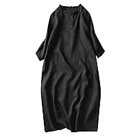Women's Summer Plain Mid Sleeve Round Collar Button Loose Dress Casual A Word Simple Dress Solid Color Pleated Dresses