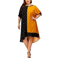 Plus Size Women Clothing Contrast Color Round Neck Patchwork Polka Dot Short Sleeves Ruffle Hem Dresses