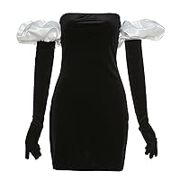 Women Puff Sleeve Black Off Shoulder Dress Velvet Sexy Backless Bodycon Dress Elegant Strapless Short Party Mini Dresses