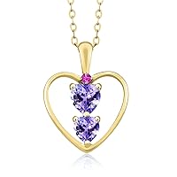 Gem Stone King 18K Yellow Gold Plated Silver Blue Tanzanite and Pink Sapphire Pendant Necklace For Women (0.74 Cttw, Gemstone December Birthstone, Heart 5MM and 4MM, with 18 Inch Silver Chain)