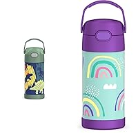 THERMOS FUNTAINER 12 Ounce Kids Water Bottle Bundle with Straw and Lid - Dinosaurs and Rainbows Prints