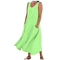Women's Sleeveless Cotton and Linen Dress with Pockets Summer Solid Casual Baggy Flowy Maxi Dresses for Women