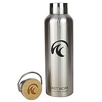 Stainless Steel Water Bottle for Hot and Cold Drinks - Double Wall Insulated Thermos for Water, Soda, Coffee, Tea with Wide Mouth, Metal Handle, Bamboo Top - Great for Travel, Hiking, Camping